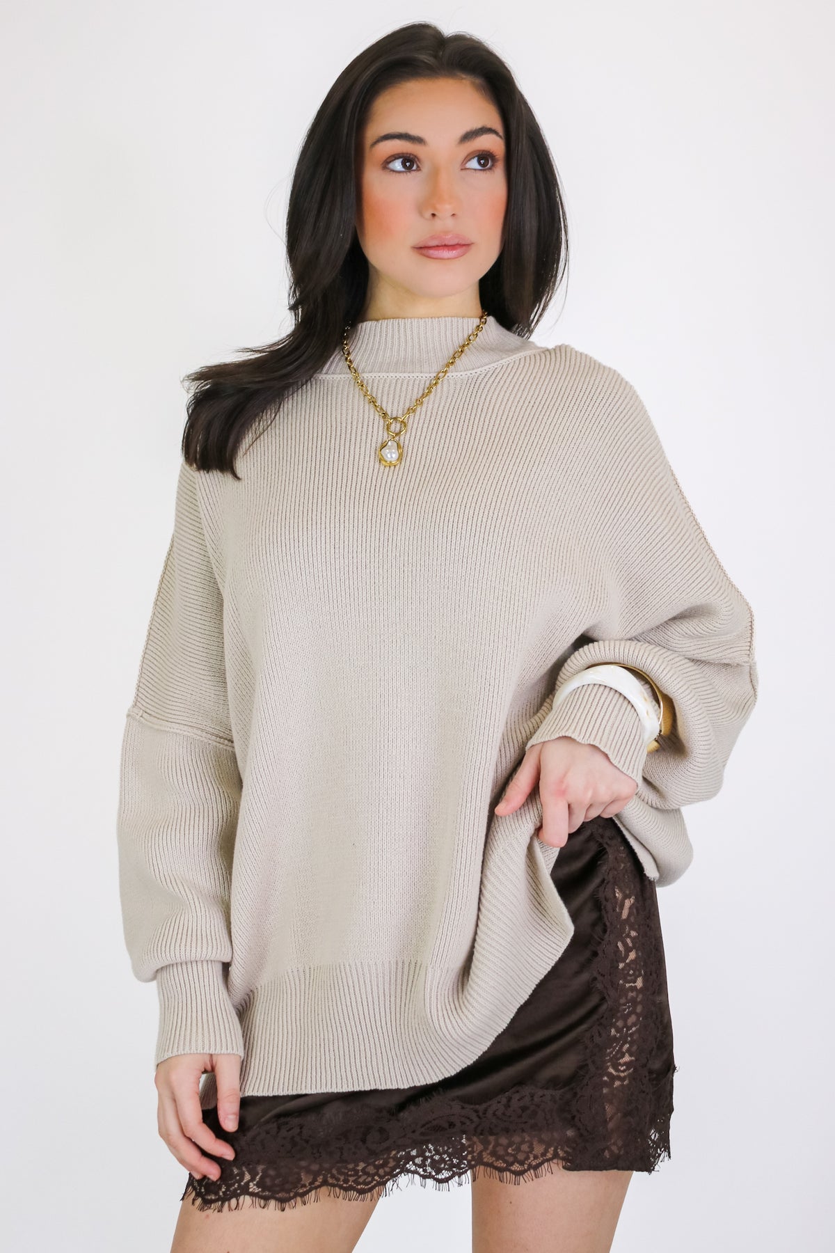 Simple Street Side Slit Oversized Sweater