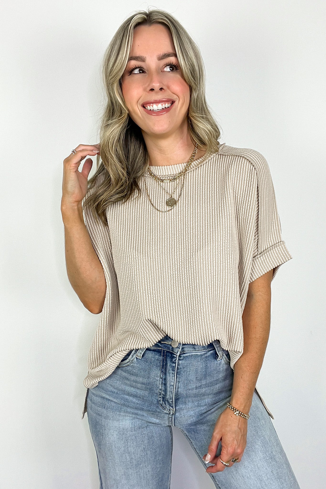 Sand / SM Simple Adoration Rib Knit Cuff Sleeve Raw Edge Top - BACK IN STOCK - Madison and Mallory