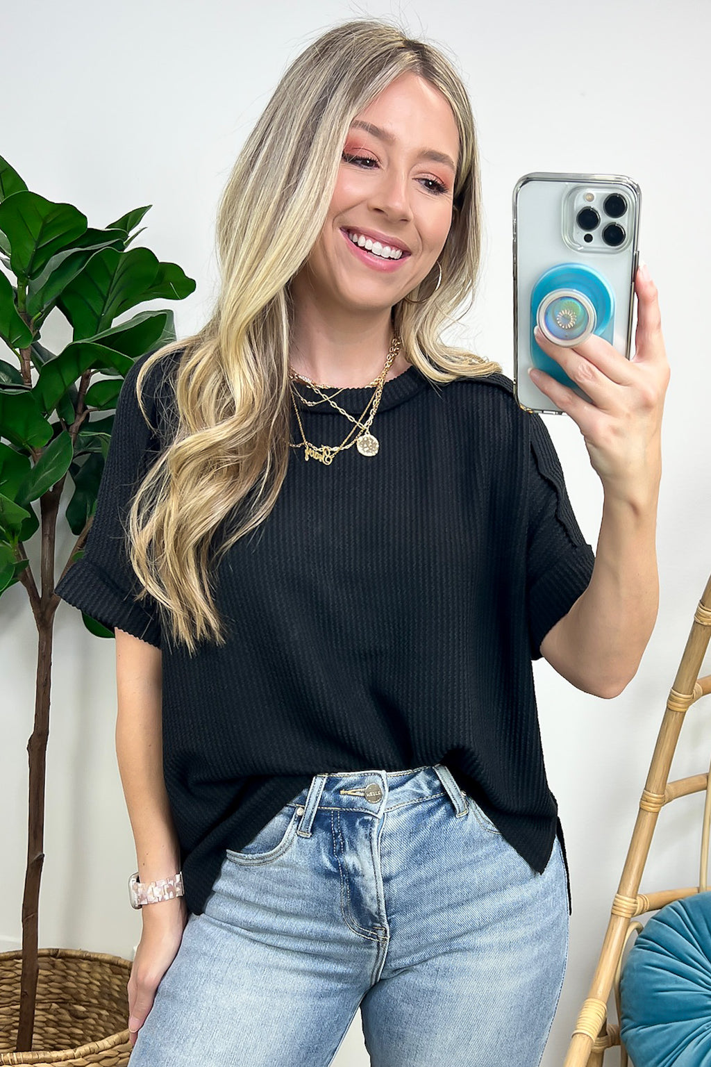 Black / SM Simple Adoration Rib Knit Cuff Sleeve Raw Edge Top - Madison and Mallory