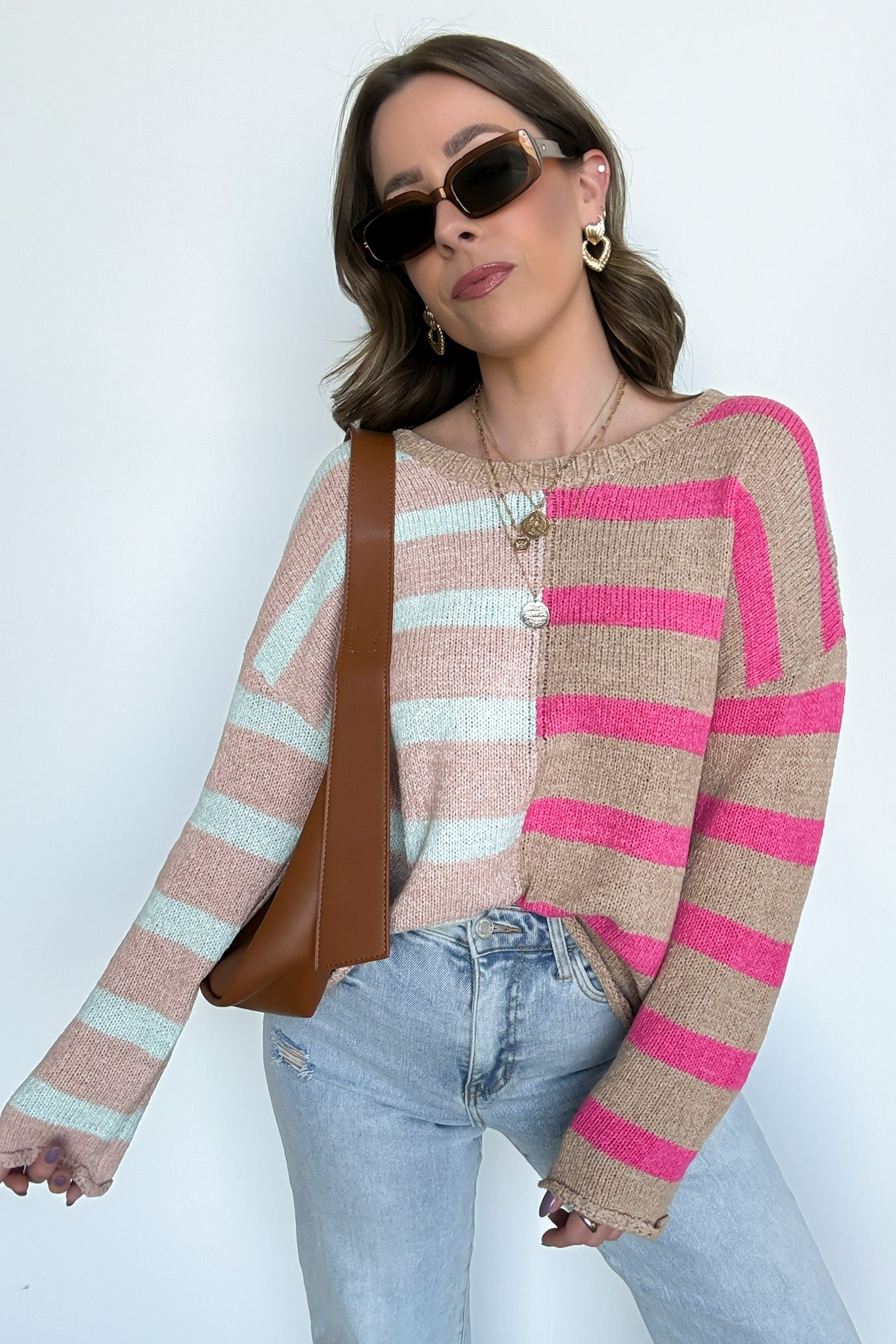 Ballet/Taupe / S Simple Endeavor Color Block Striped Knit Sweater - Madison and Mallory