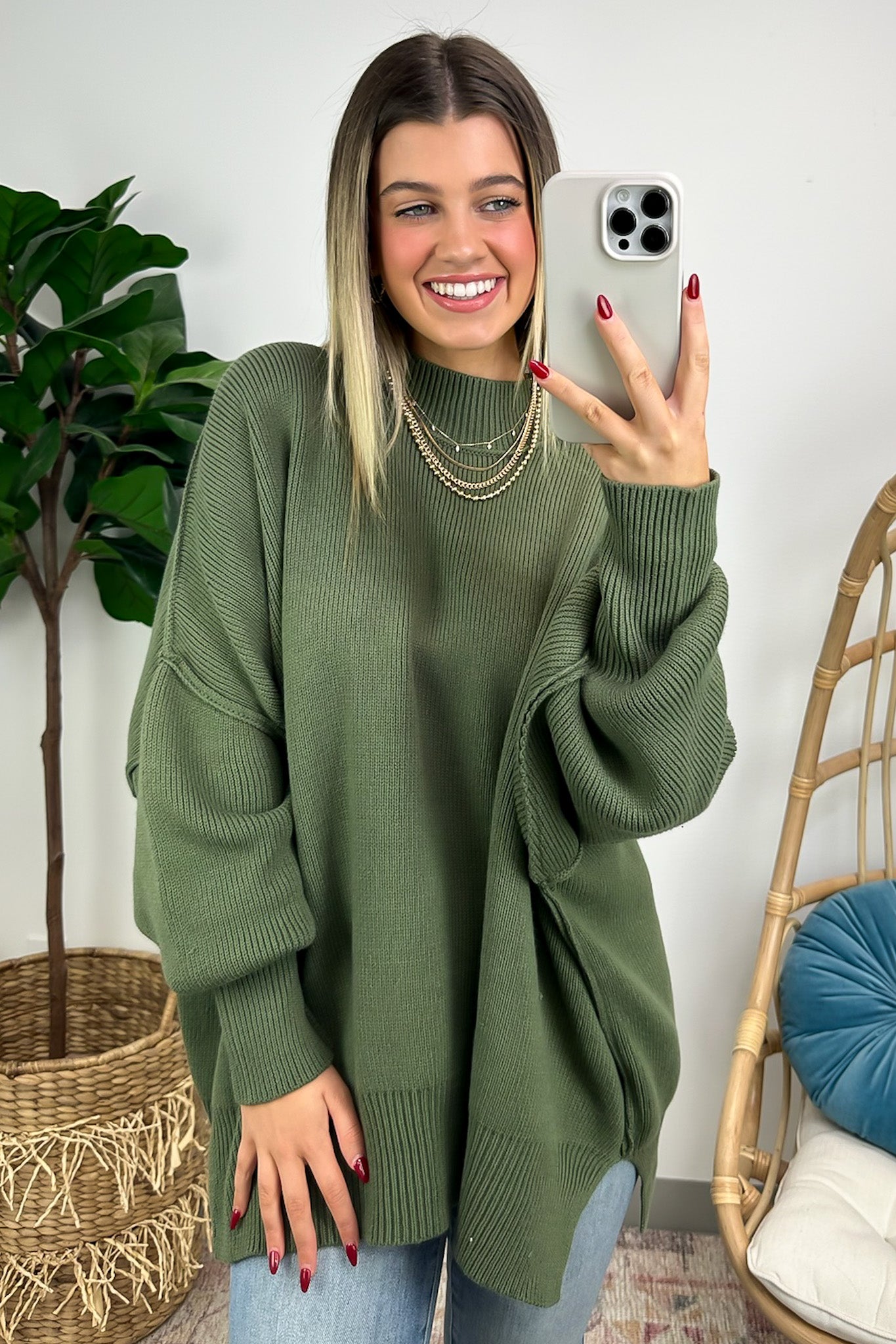 Light Olive / SM Simple Street Side Slit Oversized Sweater - BACK IN STOCK - Madison and Mallory