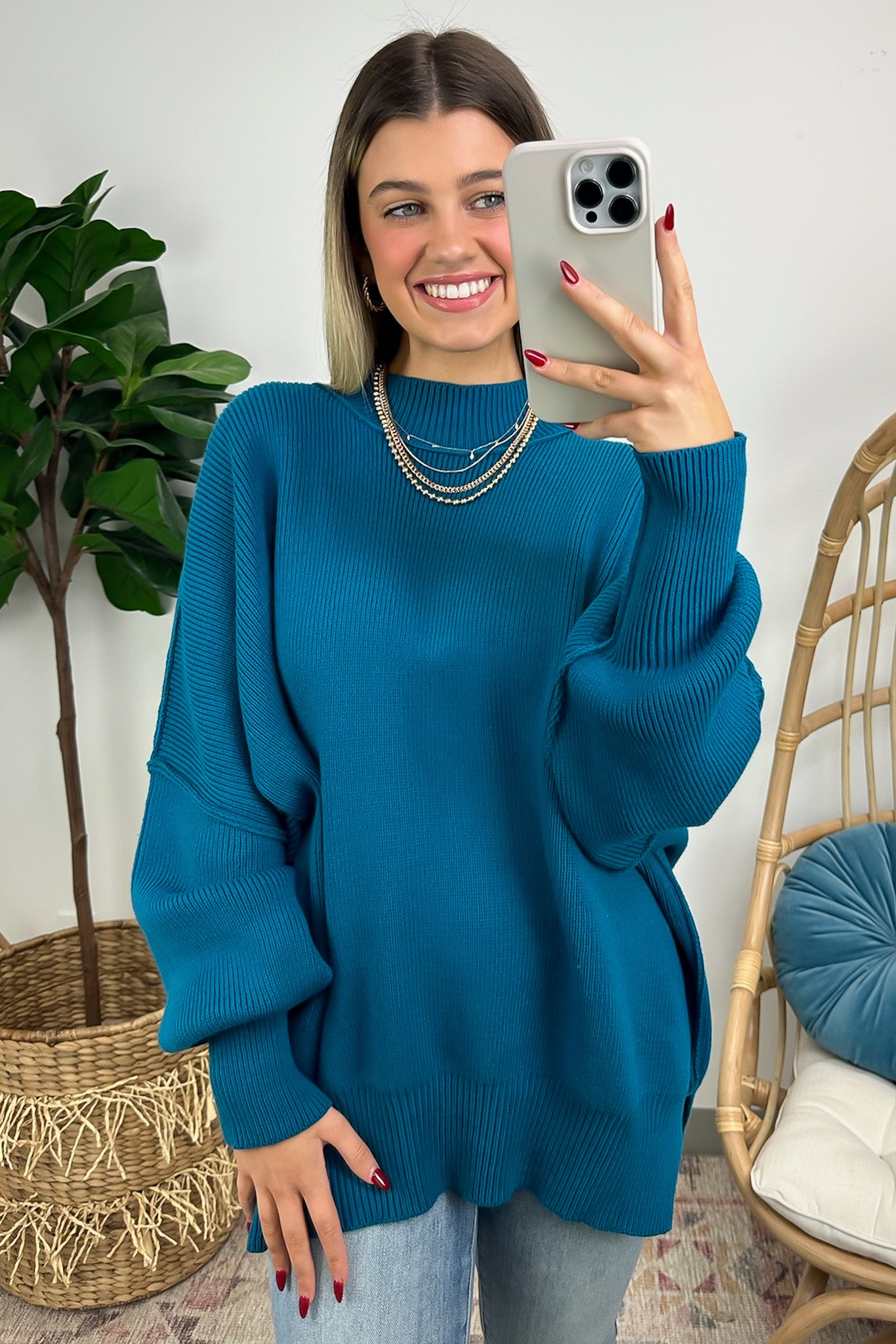Light Teal / SM Simple Street Side Slit Oversized Sweater - BACK IN STOCK - Madison and Mallory