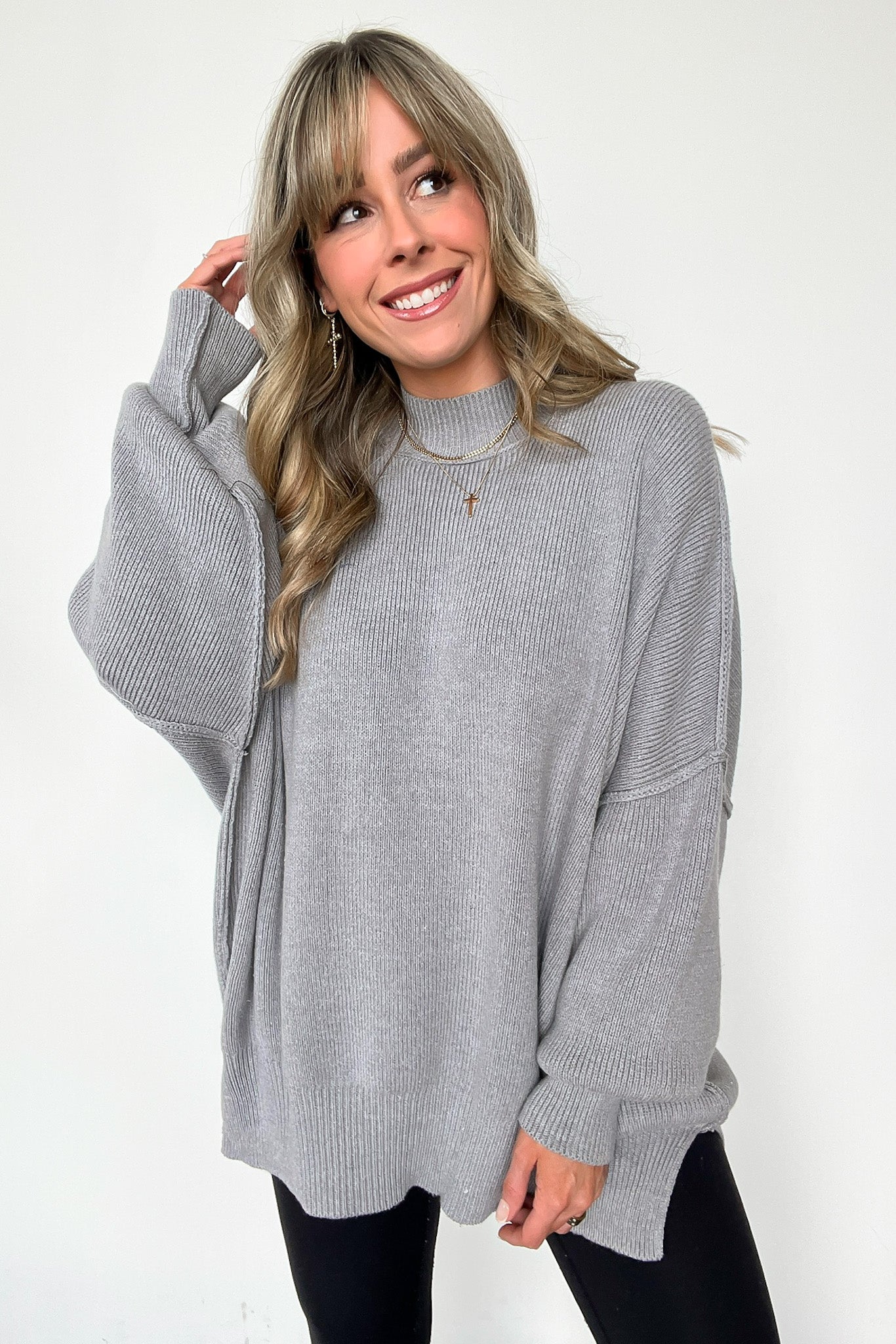 Heather Grey / SM Simple Street Side Slit Oversized Sweater - BACK IN STOCK - Madison and Mallory