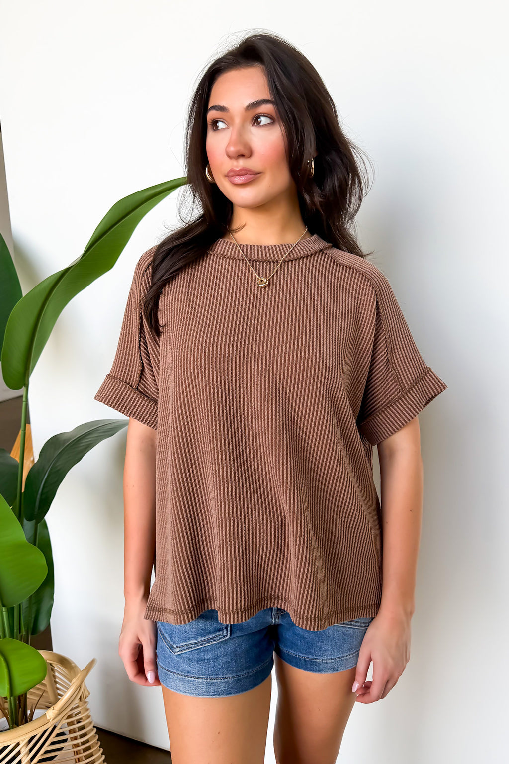 Brown / SM Simple Adoration Rib Knit Raw Edge Top - Madison and Mallory