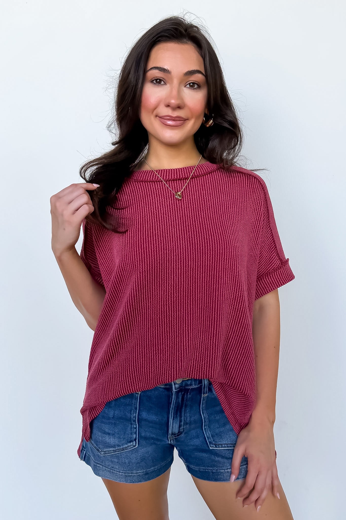 Burgundy / SM Simple Adoration Rib Knit Raw Edge Top - BACK IN STOCK - Madison and Mallory