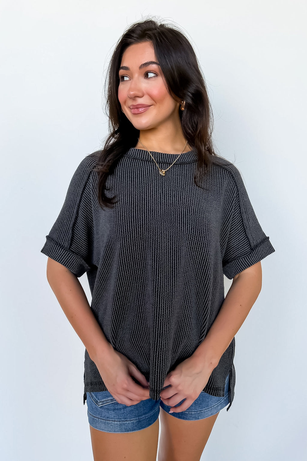 Charcoal / SM Simple Adoration Rib Knit Raw Edge Top - Madison and Mallory