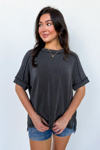 Charcoal / SM Simple Adoration Rib Knit Raw Edge Top - Madison and Mallory