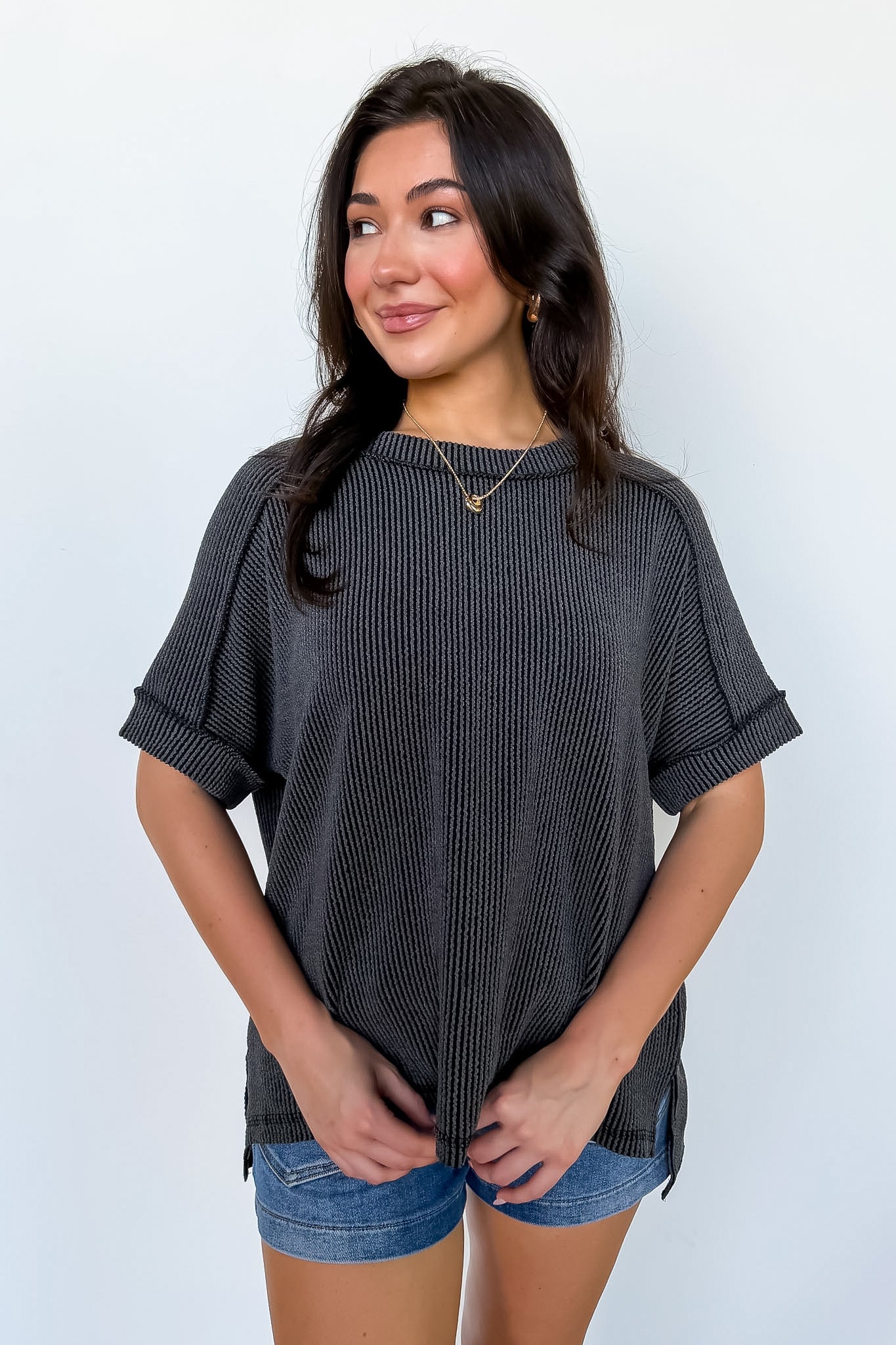 Charcoal / SM Simple Adoration Rib Knit Raw Edge Top - BACK IN STOCK - Madison and Mallory