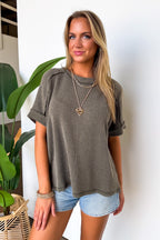 Dark Olive / SM Simple Adoration Rib Knit Raw Edge Top - Madison and Mallory
