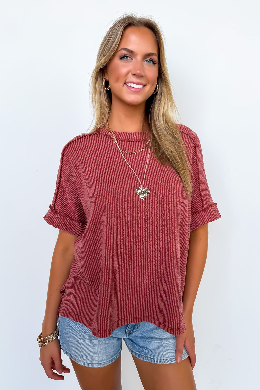 Rust / SM Simple Adoration Rib Knit Raw Edge Top - Madison and Mallory