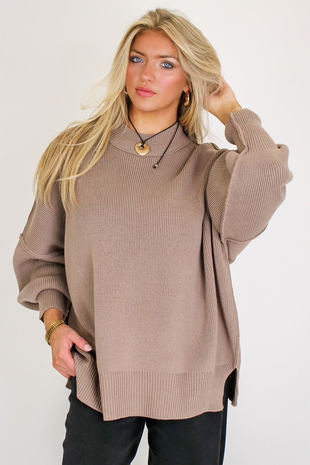 Cocoa / SM Simple Street Side Slit Oversized Sweater - Madison and Mallory