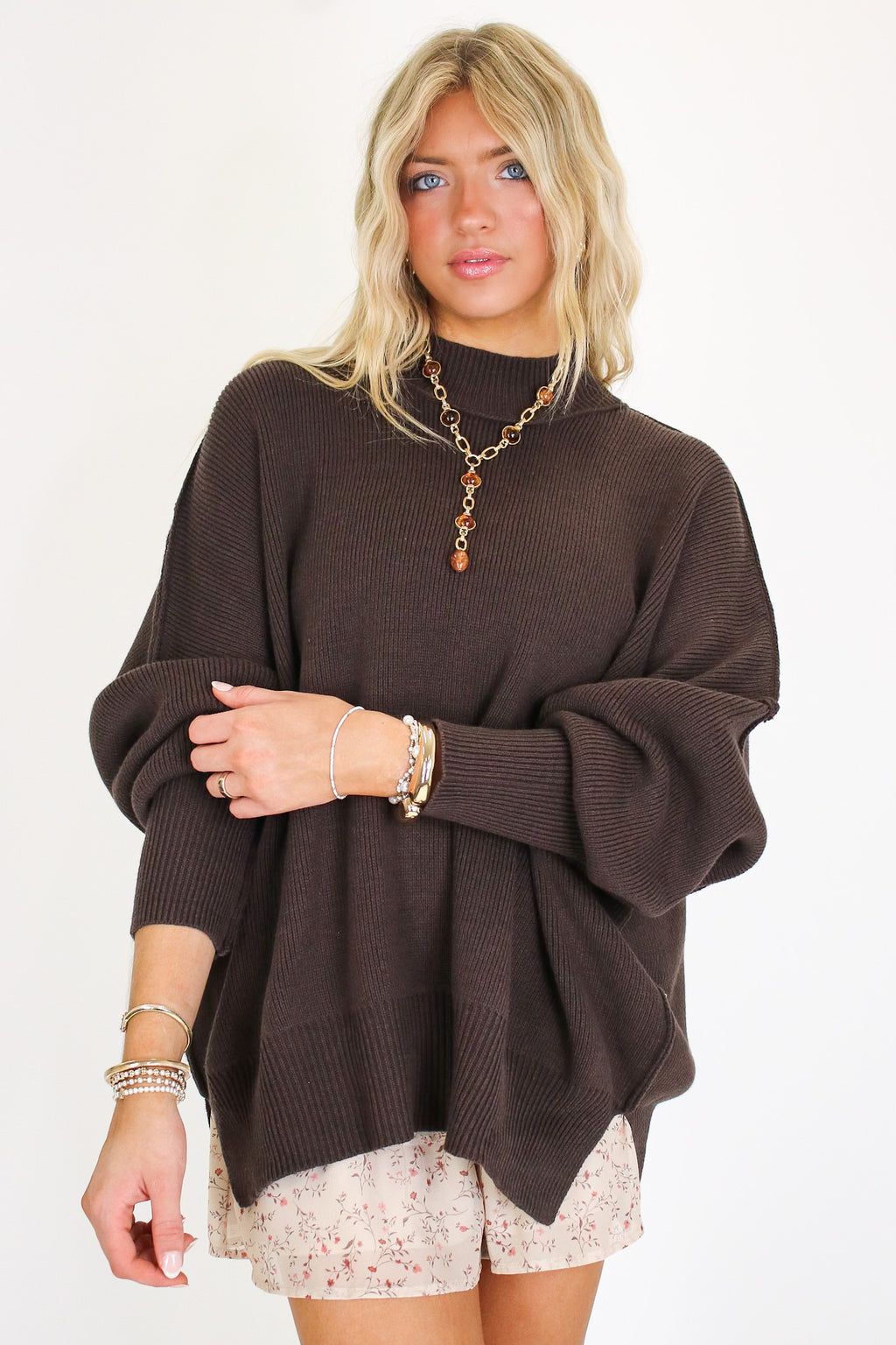 Dark Brown / SM Simple Street Side Slit Oversized Sweater - Madison and Mallory