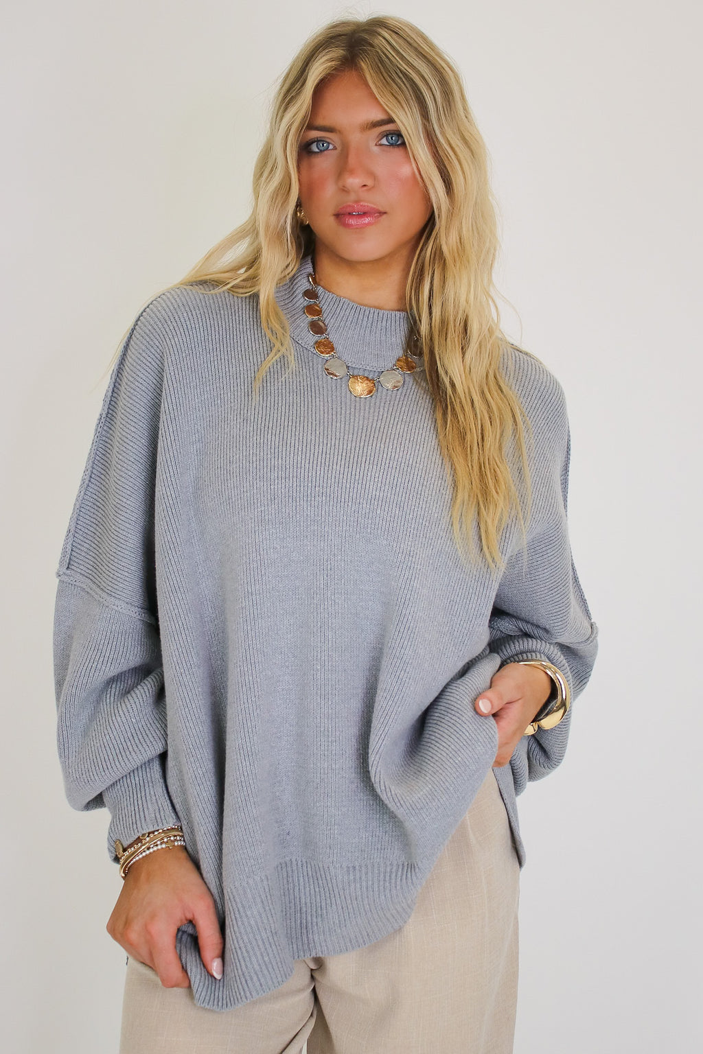 Heather Grey / SM Simple Street Side Slit Oversized Sweater - Madison and Mallory