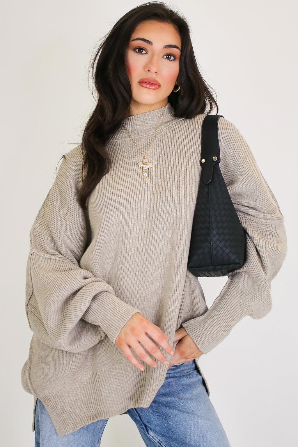 Heather Mocha / SM Simple Street Side Slit Oversized Sweater - Madison and Mallory
