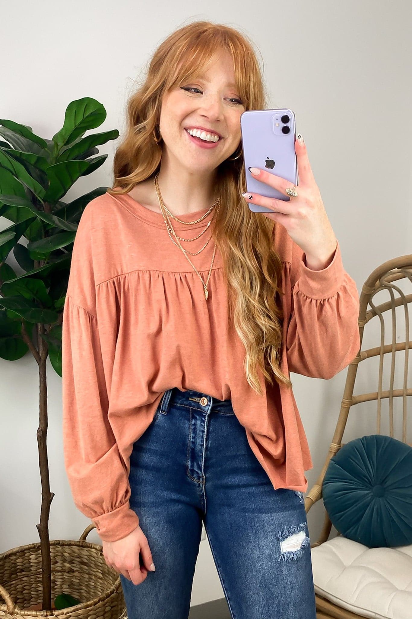 Rust / S Sirenah Long Sleeve Pleated Flowy Top - FINAL SALE - Madison and Mallory