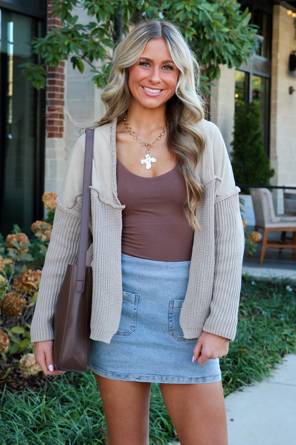Stone / S Texture & Tone Knit Contrast Cardigan - FINAL SALE - Madison and Mallory