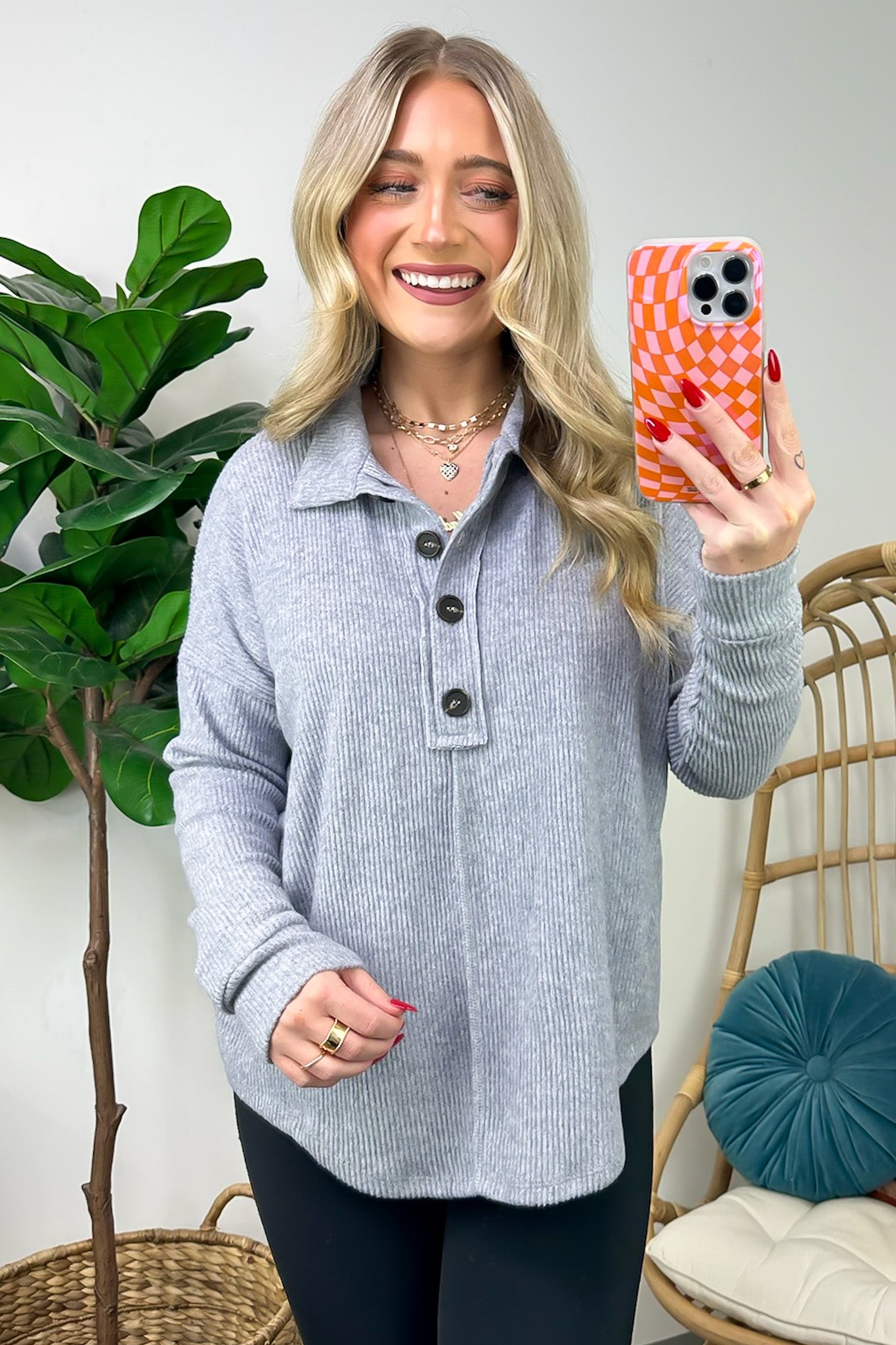 Heather Gray / S Snuggly Forecast Brushed Melange Collared Top - FINAL SALE - Madison and Mallory