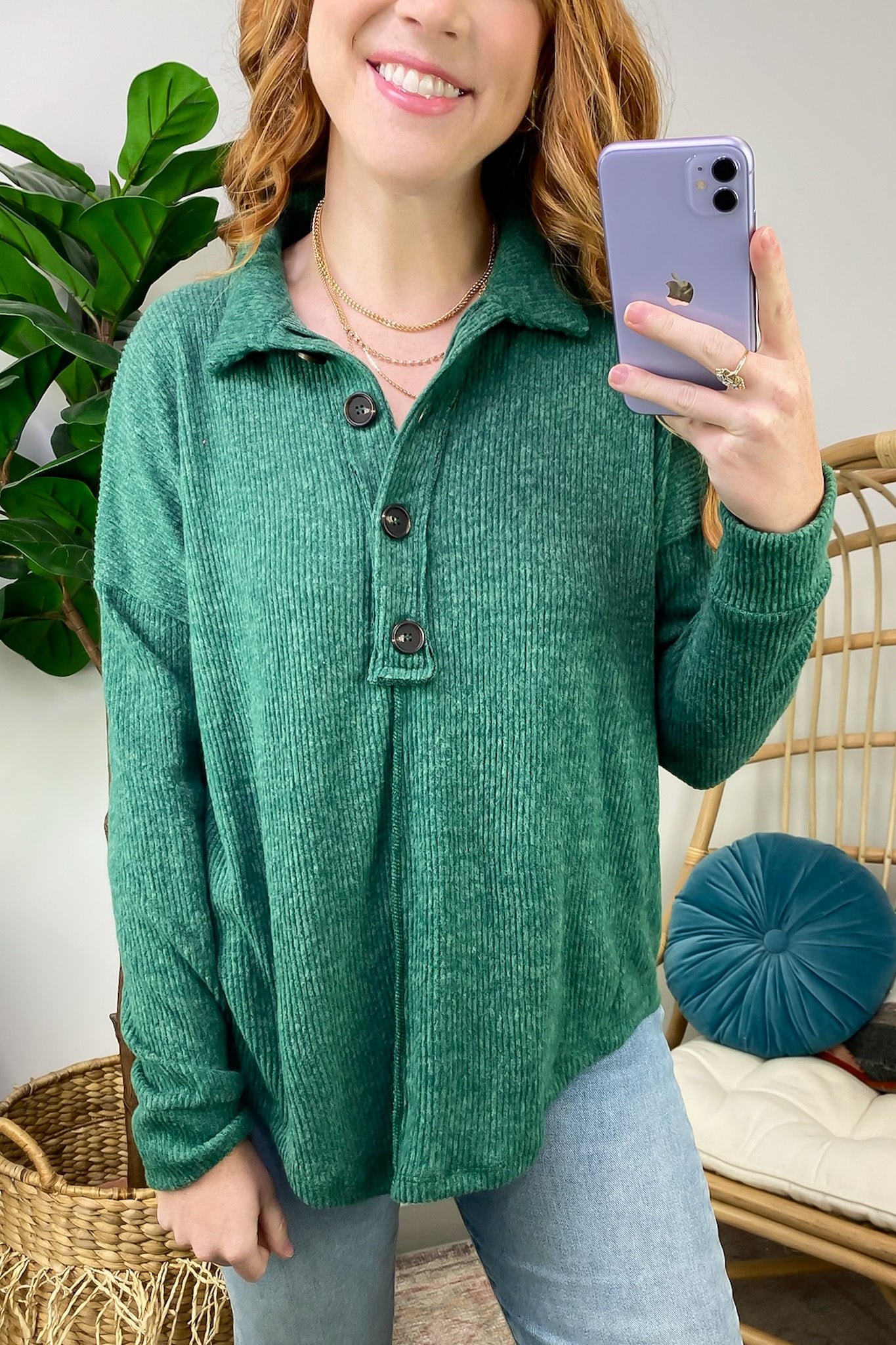  Snuggly Forecast Brushed Melange Collared Top - FINAL SALE - Madison and Mallory
