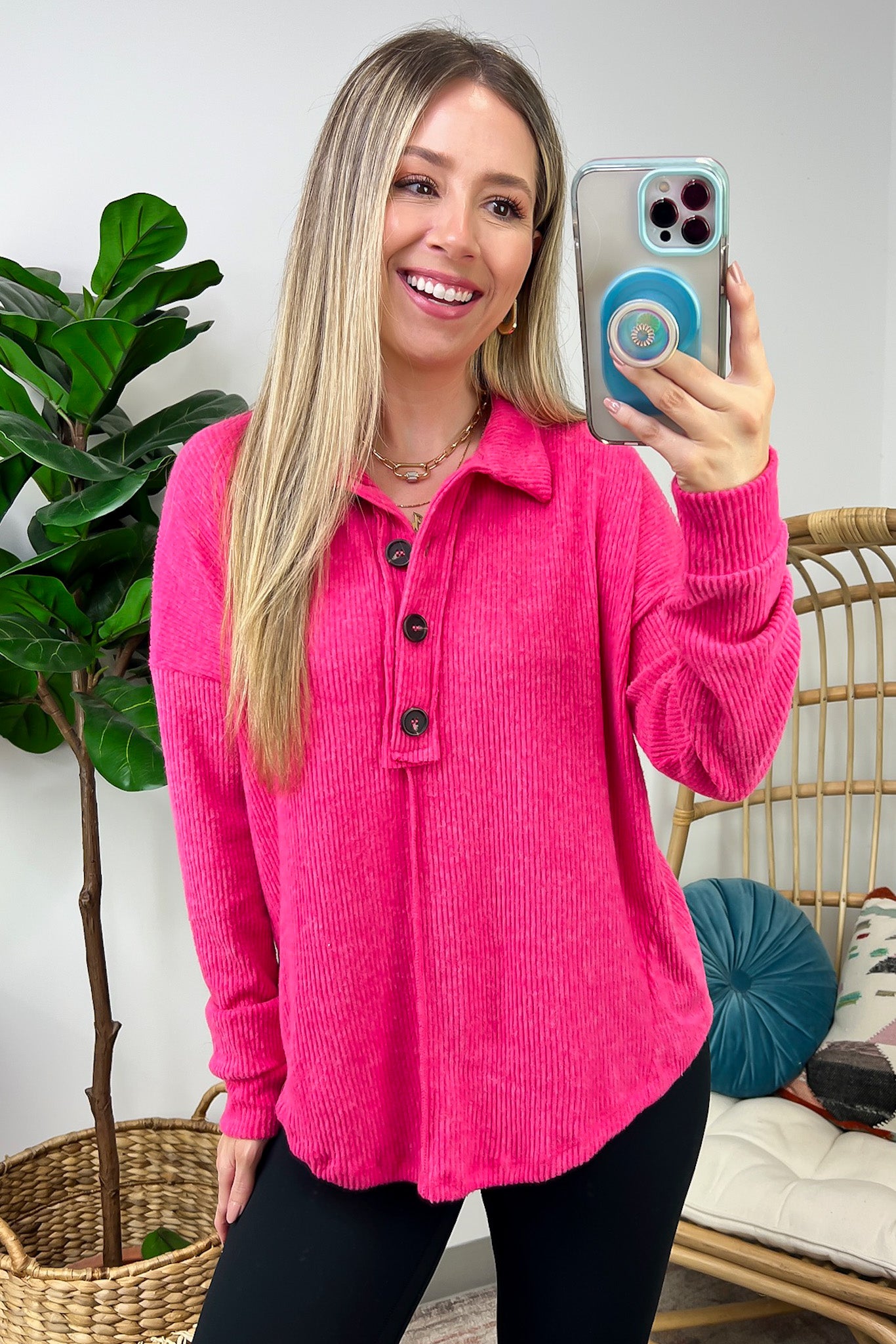 Fuchsia / S Snuggly Forecast Brushed Melange Collared Top - FINAL SALE - Madison and Mallory