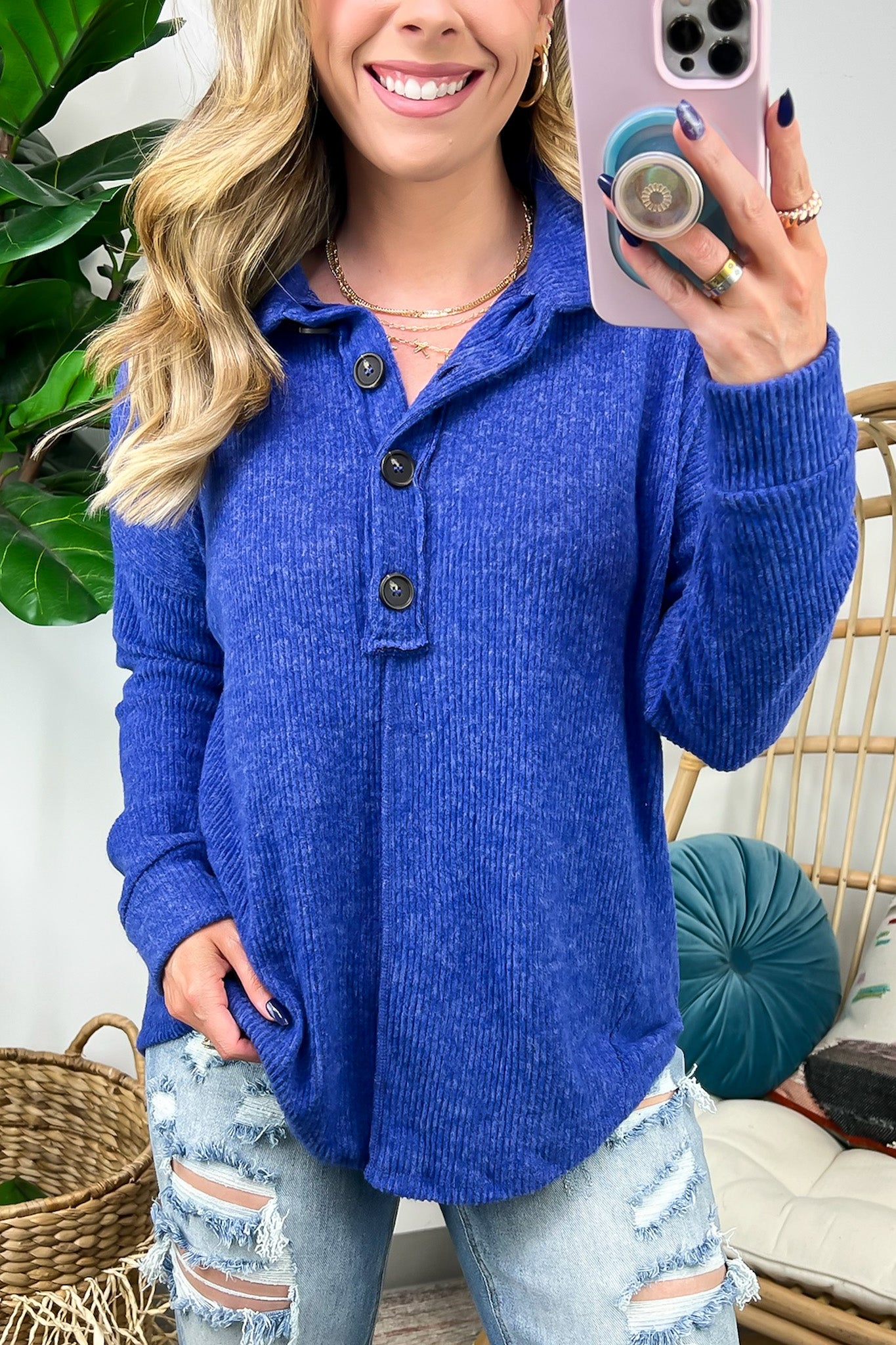  Snuggly Forecast Brushed Melange Collared Top - FINAL SALE - Madison and Mallory