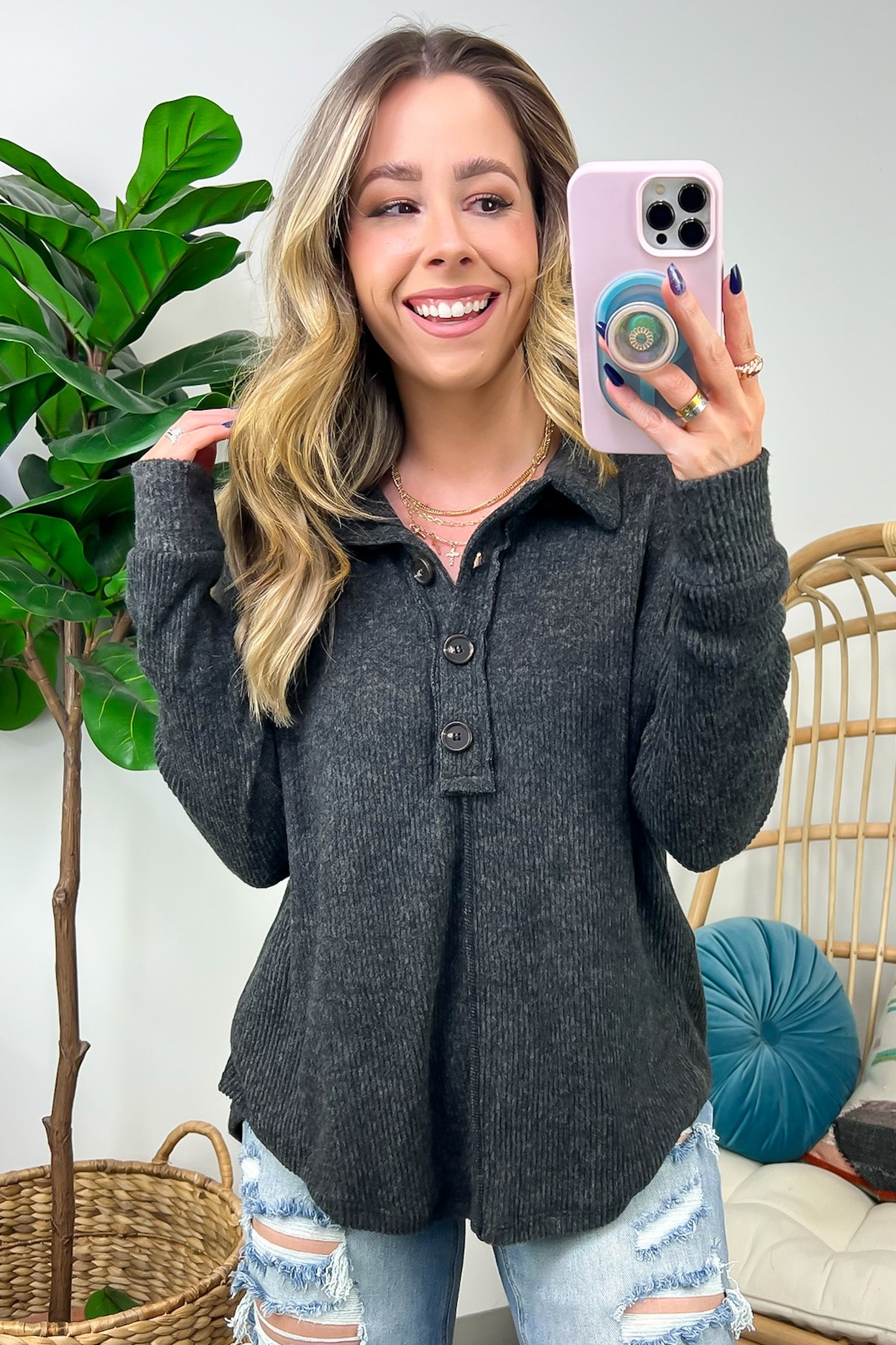 Black / S Snuggly Forecast Brushed Melange Collared Top - FINAL SALE - Madison and Mallory