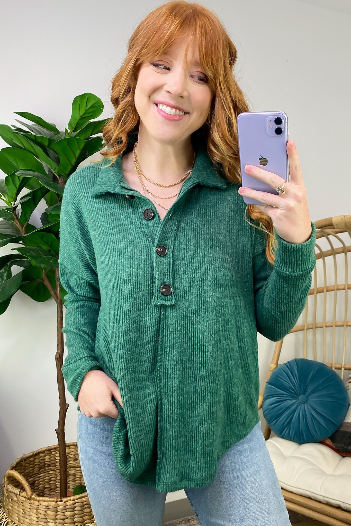 Dark Green / S Snuggly Forecast Brushed Melange Collared Top - FINAL SALE - Madison and Mallory