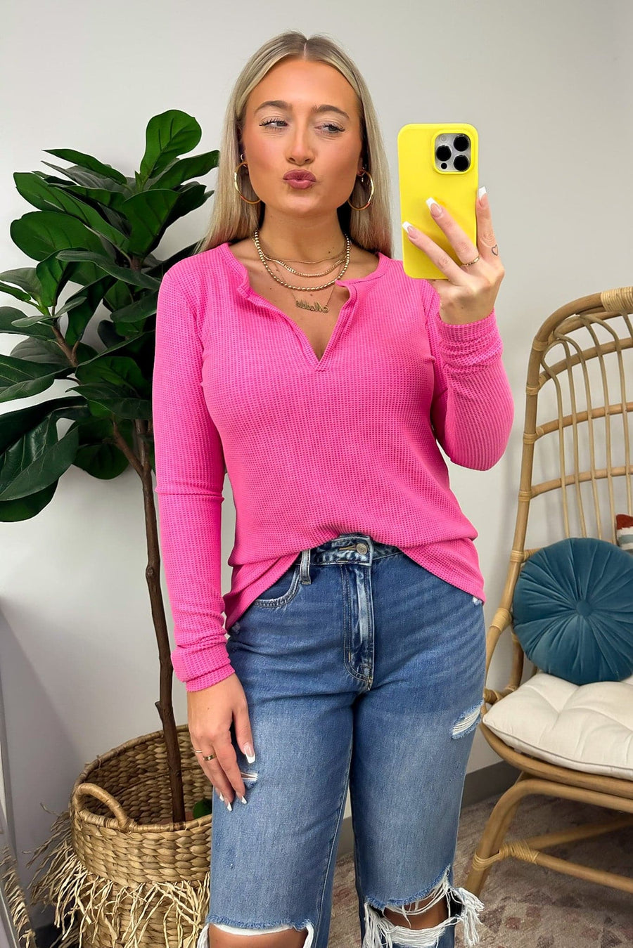Fuchsia / S Sodaro Waffle Knit V-Neck Long Sleeve Top - Madison and Mallory