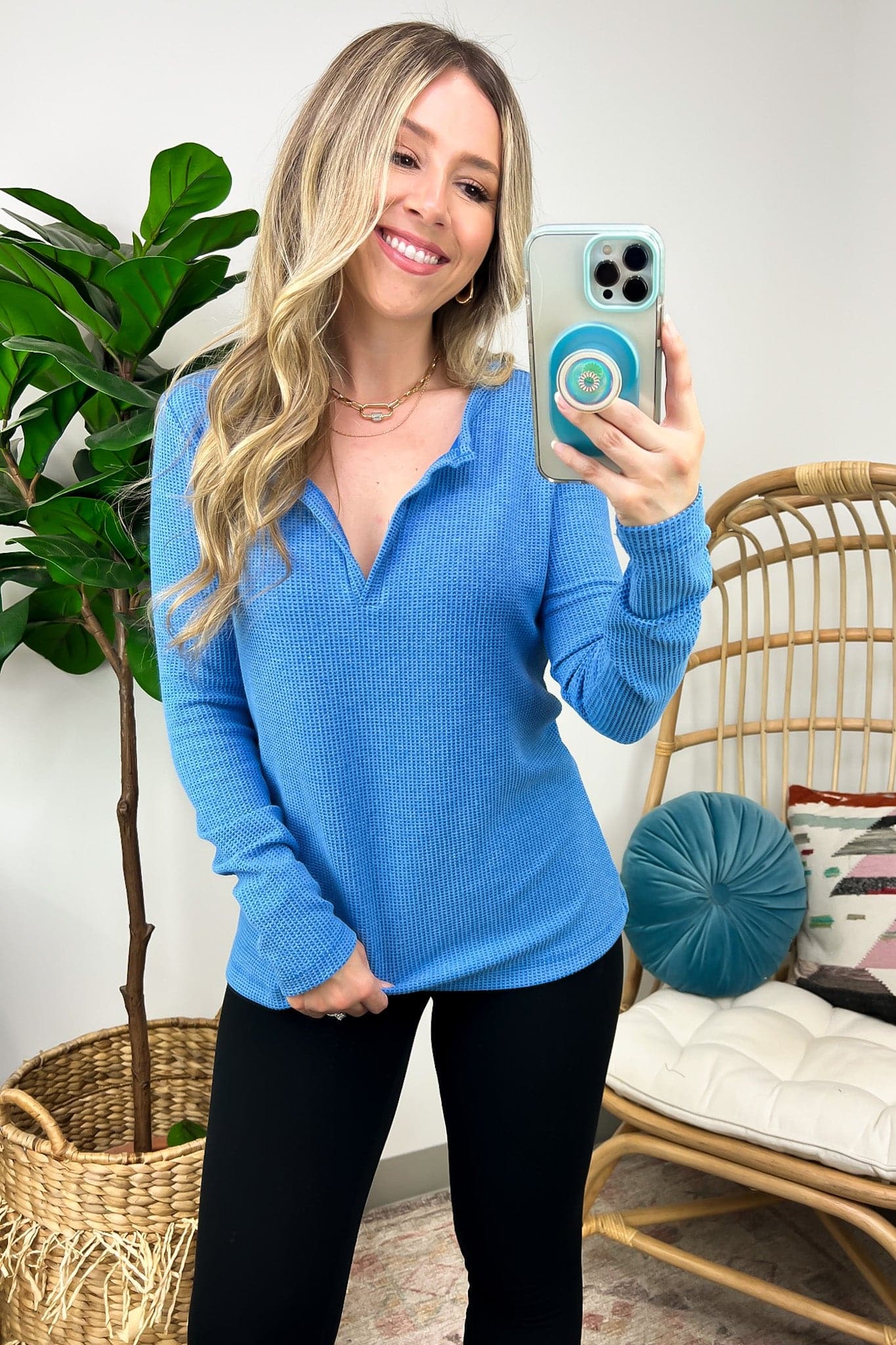 Ocean Blue / S Sodaro Waffle Knit V-Neck Long Sleeve Top - Madison and Mallory
