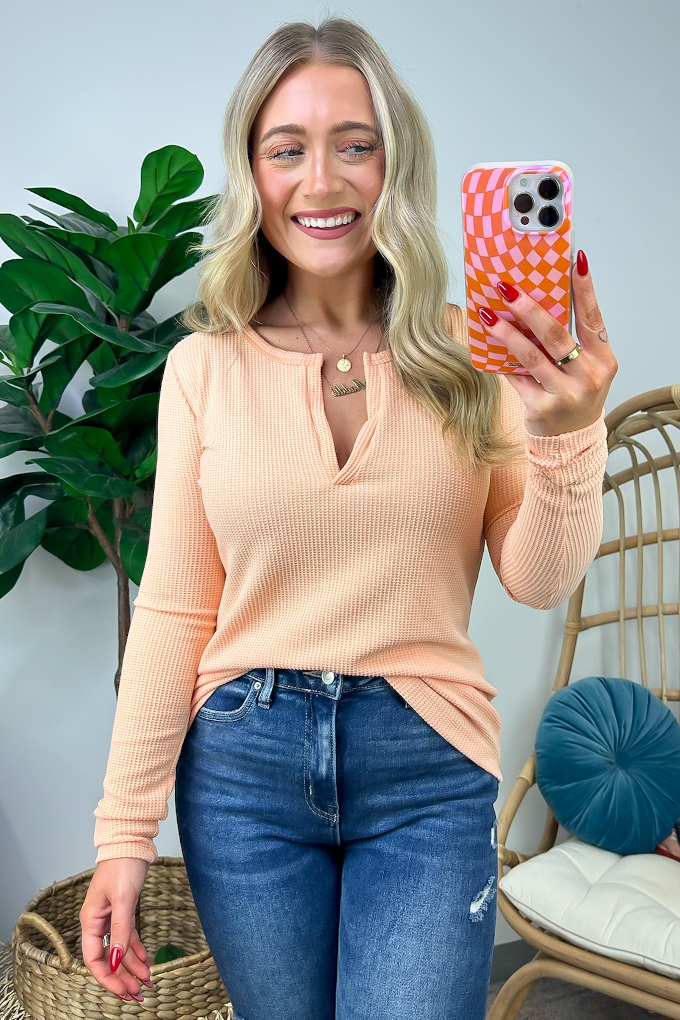 Apricot / S Sodaro Waffle Knit V-Neck Long Sleeve Top - BACK IN STOCK - Madison and Mallory