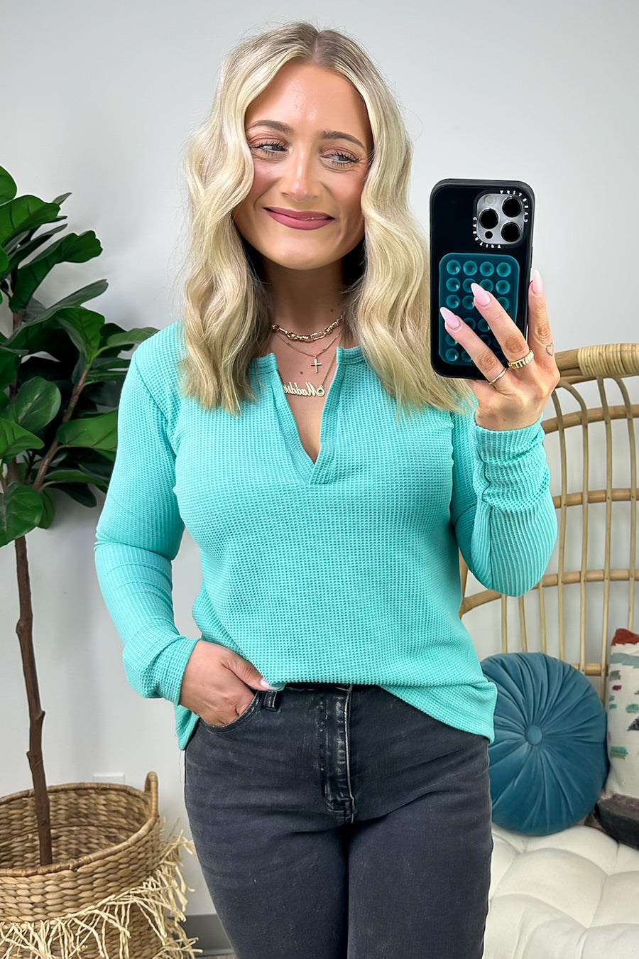 Turquoise / S Sodaro Waffle Knit V-Neck Long Sleeve Top - BACK IN STOCK - Madison and Mallory