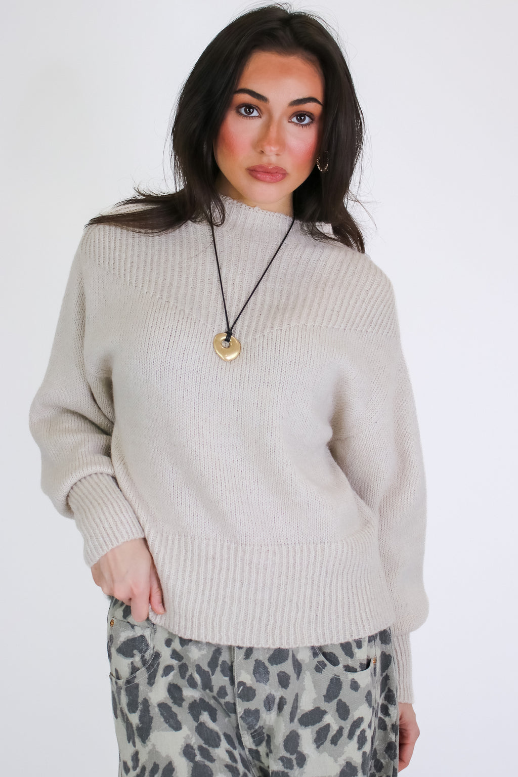 Sand Beige / S Soft Aura Mock Neck Sweater - Madison and Mallory