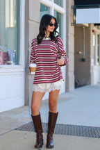 Soft Standard Striped Pullover in berry stripe, full length with lace shorts and boots