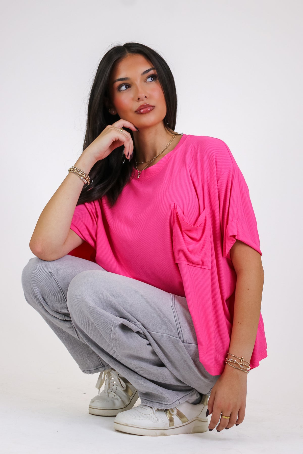 Soft Structure Oversized Ribbed Pocket Top