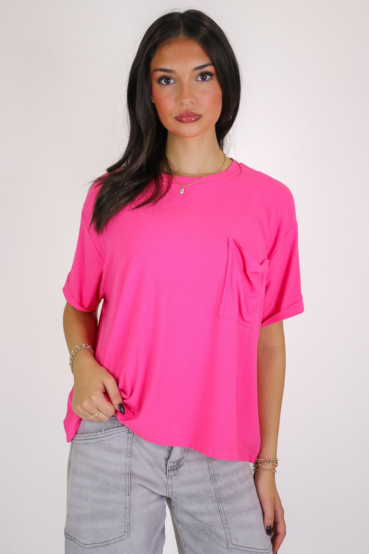 Soft Structure Oversized Ribbed Pocket Top