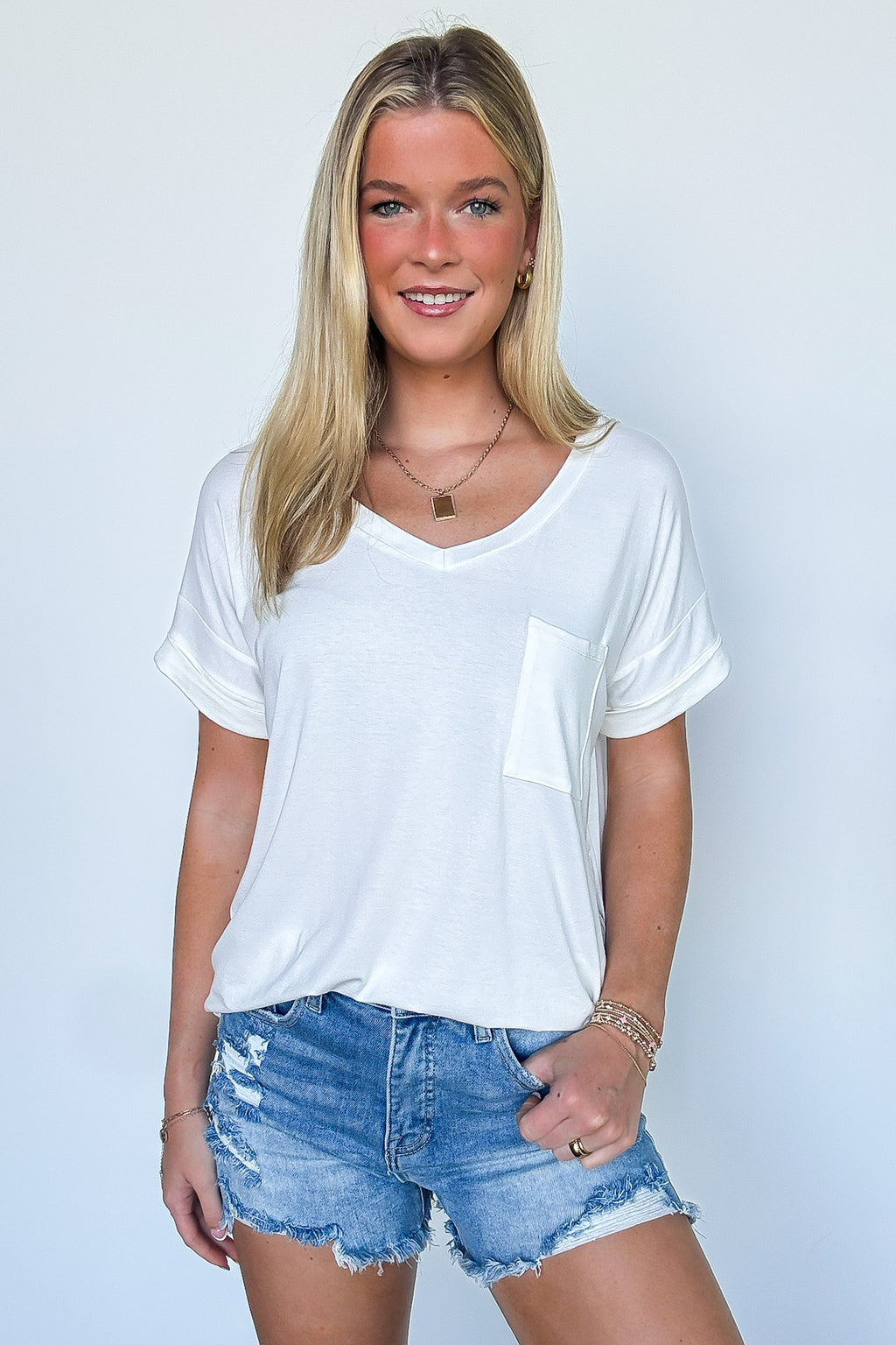 Ivory / S Soft Life V-Neck Pocket Tee - FINAL SALE - Madison and Mallory