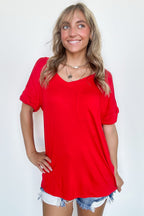 True Red / S Soft Life V-Neck Pocket Tee - FINAL SALE - Madison and Mallory