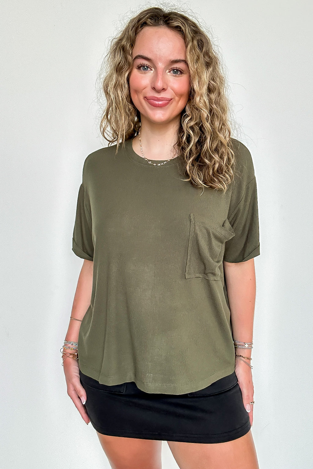Dark Olive / S Soft Structure Relaxed Ribbed Pocket Top - BACK IN STOCK - Madison and Mallory