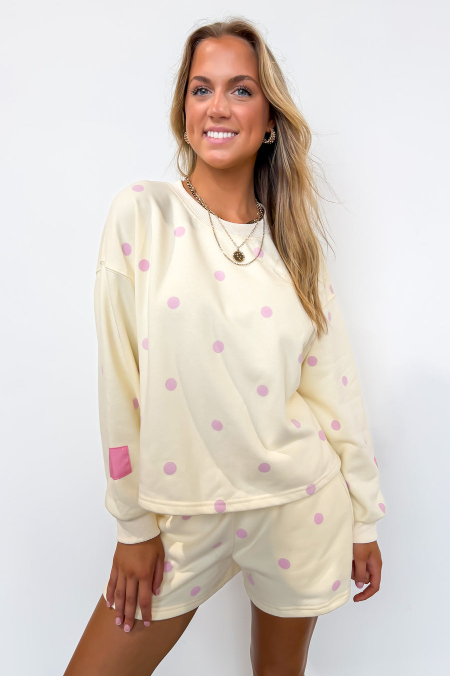S / Cream/Pink Soft Dot Lounge Crewneck Sweatshirt - Madison and Mallory