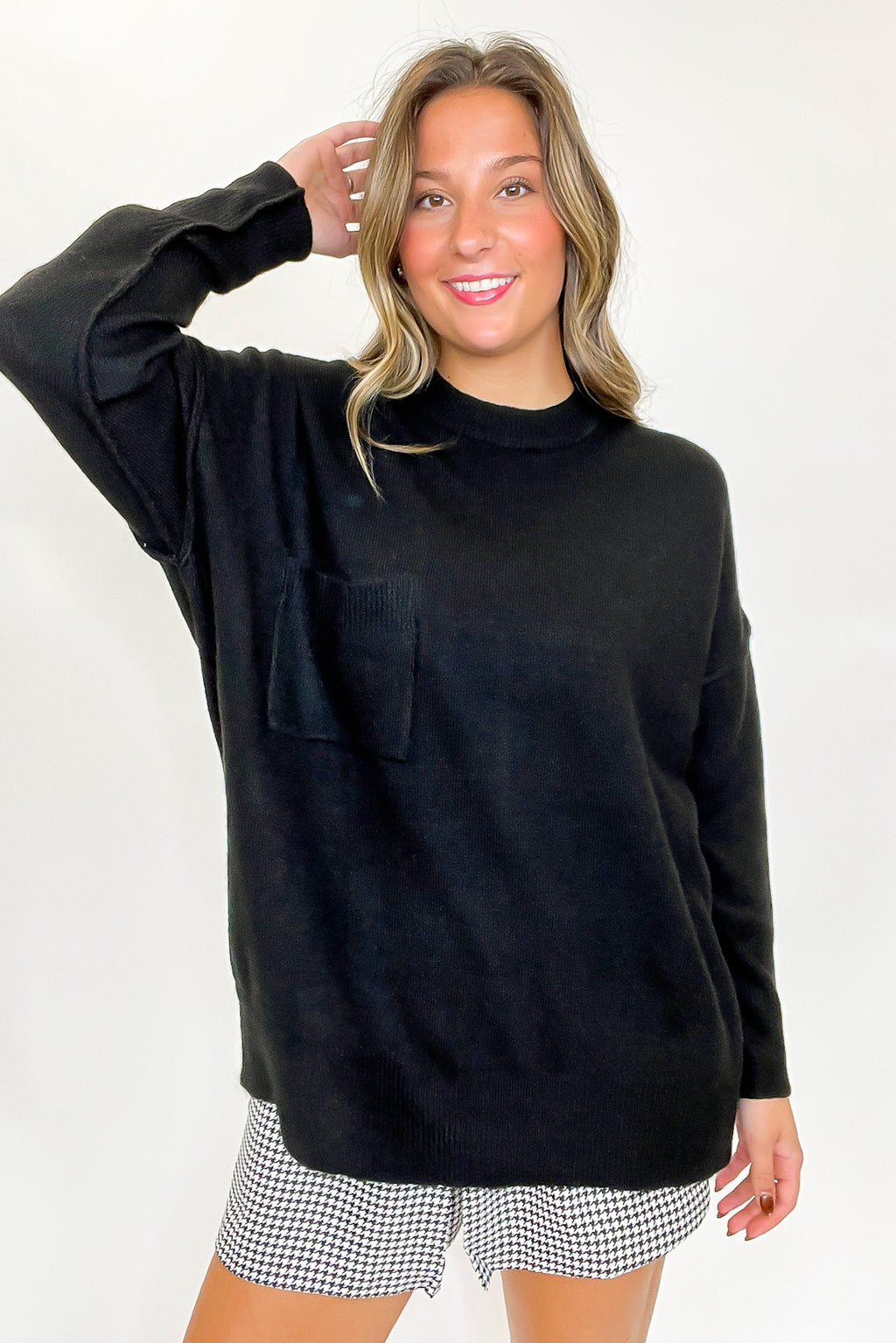 Black / SM Soft Horizon High Low Hem Pocket Sweater - Madison and Mallory
