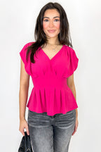 S / Fuchsia Soft Pleat V-Neck Smocked Top - Madison and Mallory