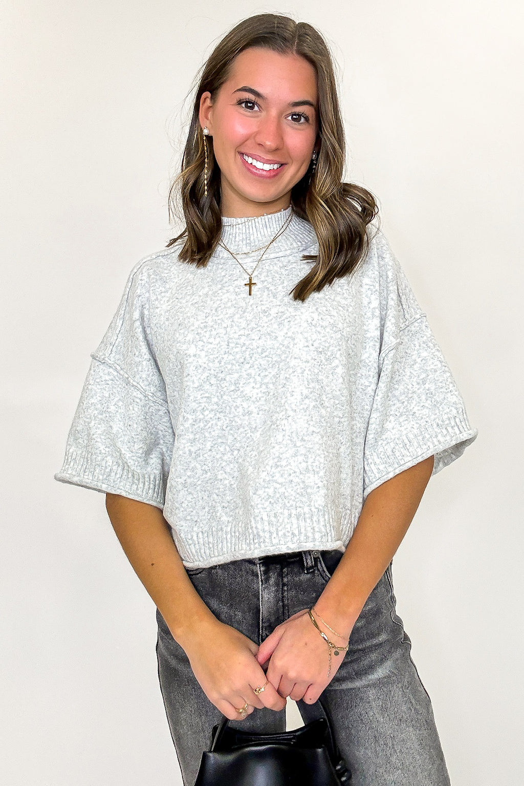 Heather Gray / S Soft Shift Marled Knit Mock Neck Short Sleeve Sweater - Madison and Mallory
