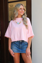 Pink Blossom / S Soft Shift Marled Knit Mock Neck Short Sleeve Sweater - Madison and Mallory