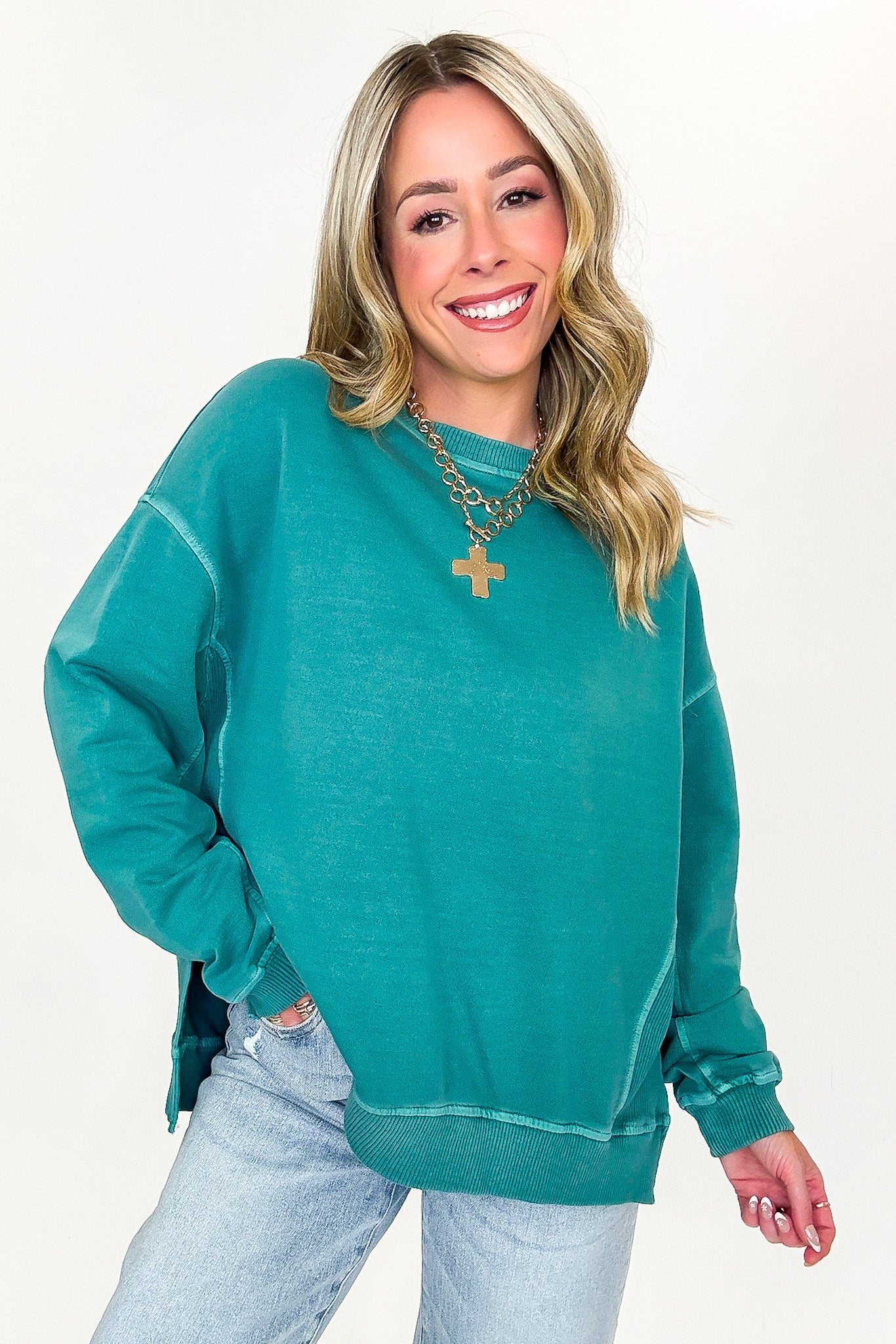 Teal / S Soft Slate French Terry Pigment Washed Pullover - Madison and Mallory