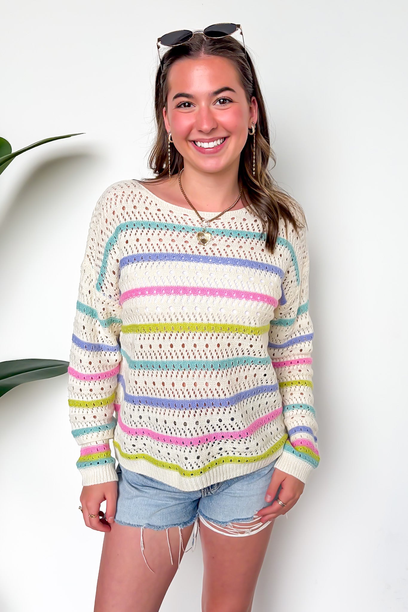 S / Cream Multi Soft Streaks Open Knit Striped Sweater - Madison and Mallory