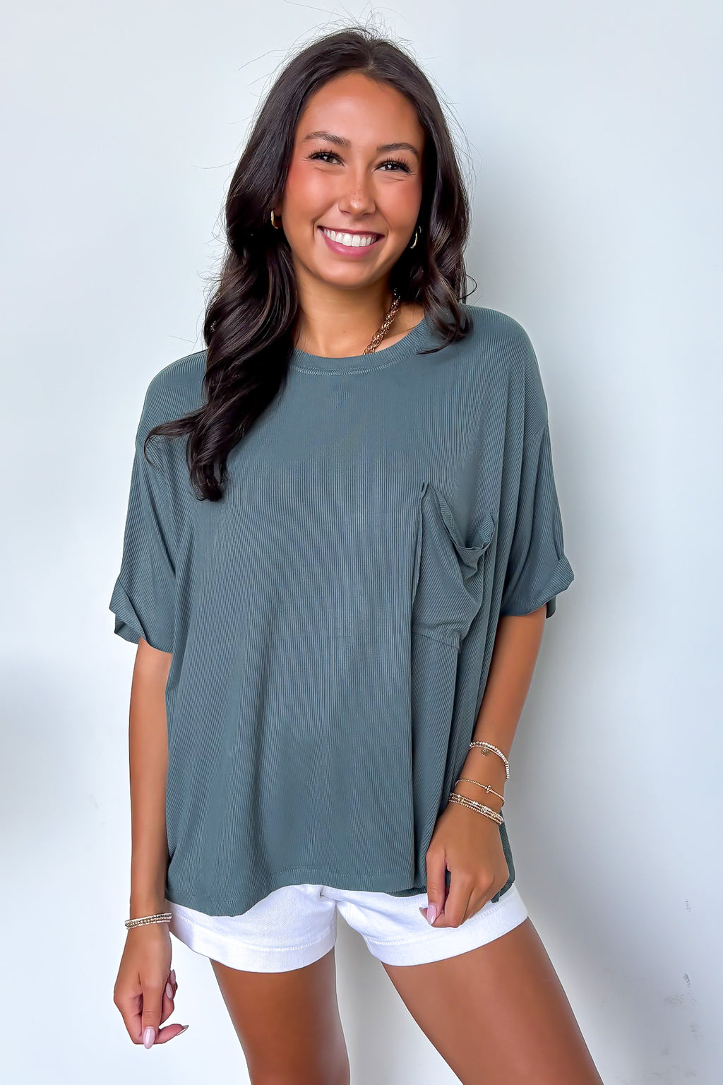 Ash Jade / S Soft Structure Relaxed Ribbed Pocket Top - Madison and Mallory
