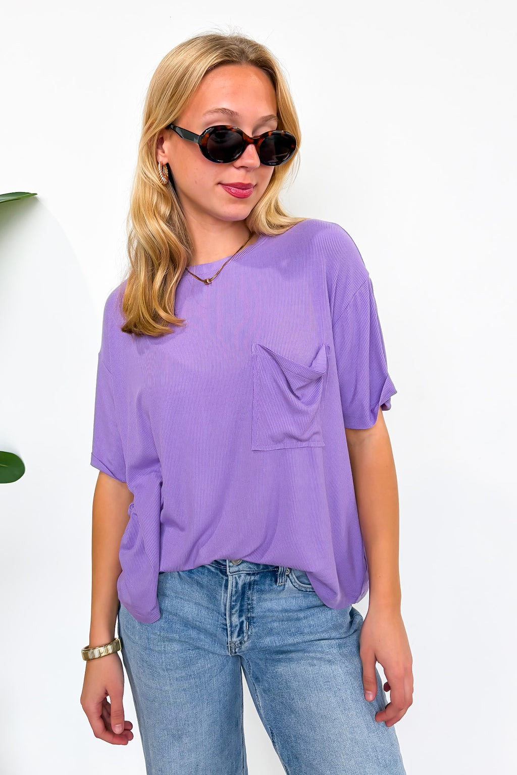 Lavender / S Soft Structure Relaxed Ribbed Pocket Top - Madison and Mallory