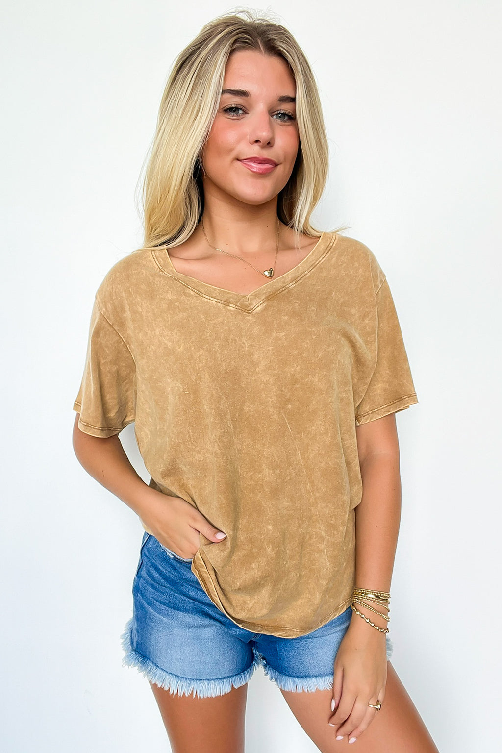  Soliel Acid Wash V-Neck Relaxed Fit Top - BACK IN STOCK - Madison and Mallory