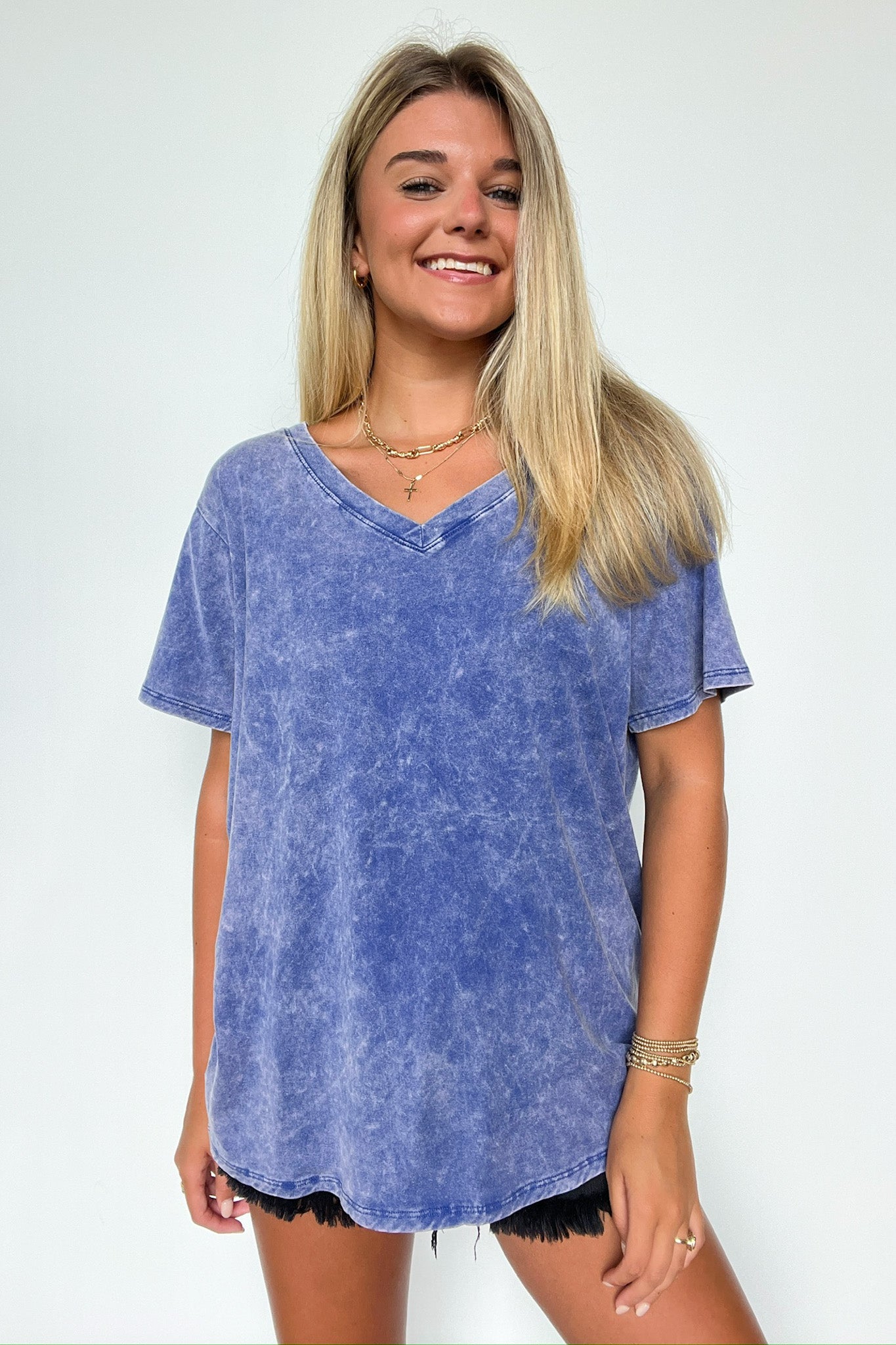  Soliel Acid Wash V-Neck Relaxed Fit Top - BACK IN STOCK - Madison and Mallory