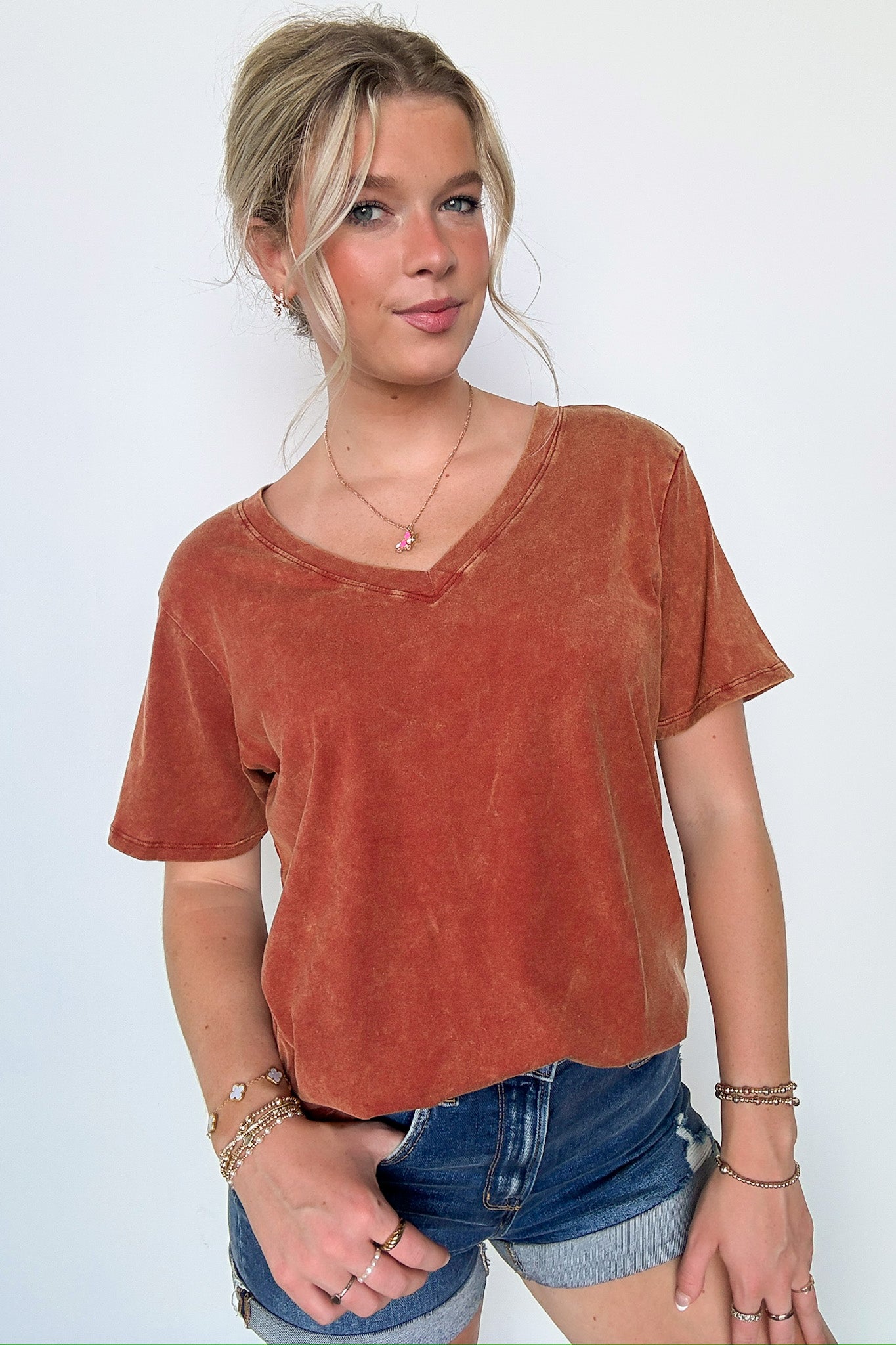 Rust / S Soliel Acid Wash V-Neck Relaxed Fit Top - BACK IN STOCK - Madison and Mallory