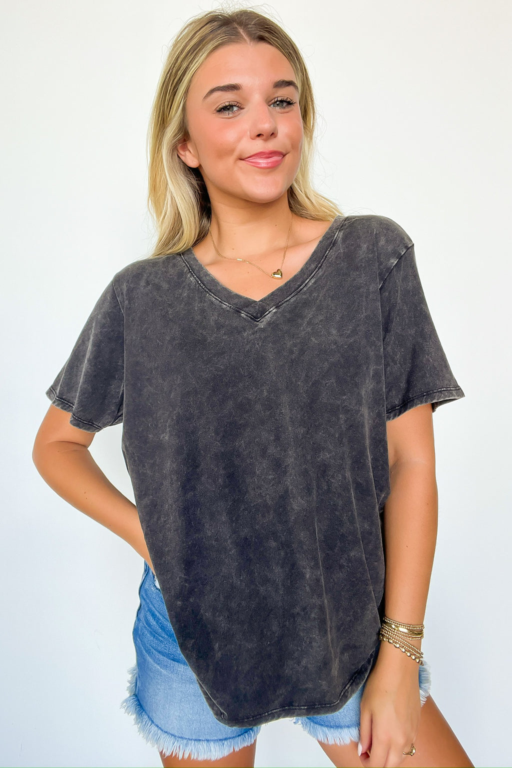 Soleil Acid Wash V-Neck Relaxed Fit Top - BACK IN STOCK - Madison and Mallory